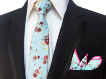 Load image into Gallery viewer, Light Blue Skinny Floral Tie + Square Tie + Square JayKirbyTies 
