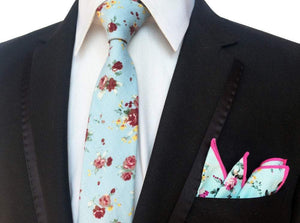Light Blue Skinny Floral Tie + Square Tie + Square JayKirbyTies 