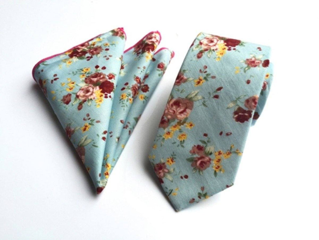 Light Blue Skinny Floral Tie + Square Tie + Square JayKirbyTies 