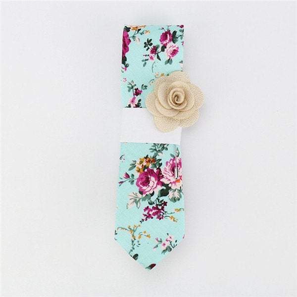 Mint/Turquoise Floral Skinny Tie & Lapel Pin Tie + Lapel Pin JayKirbyTies 