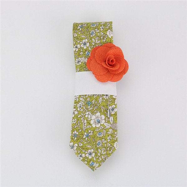 Mustard Floral Skinny Tie & Lapel Pin Tie + Lapel Pin JayKirbyTies 