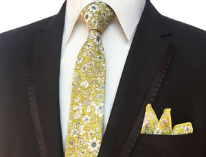 Mustard Yellow Skinny Floral Tie + Square Tie + Square JayKirbyTies 