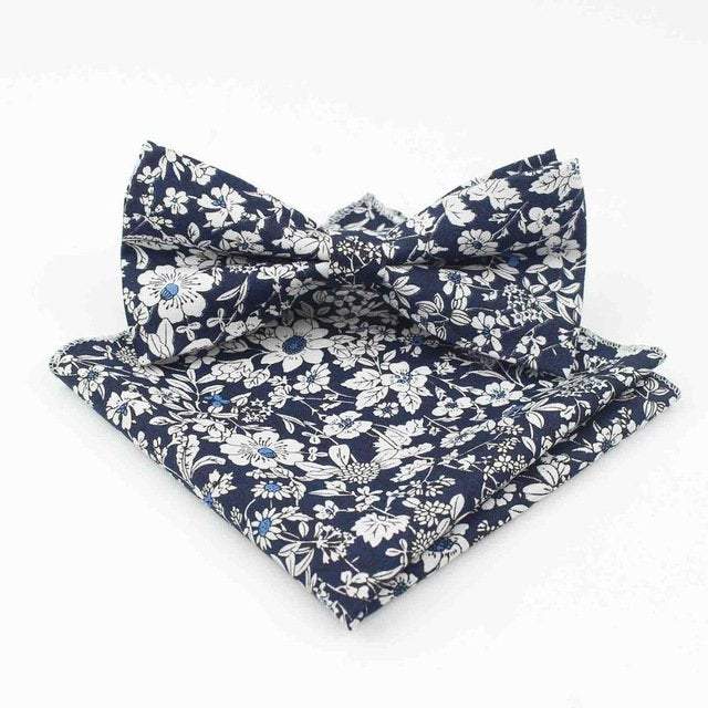Navy Blue Floral Bow Tie & Pocket Square Bow Tie + Square JayKirbyTies 
