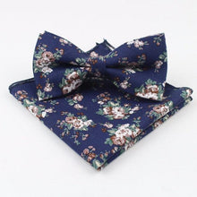 Load image into Gallery viewer, Navy Blue Floral Bow Tie &amp; Pocket Square Bow Tie + Square JayKirbyTies 