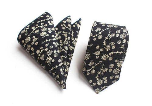 Navy Blue Floral Skinny Tie & Pocket Square Tie + Square JayKirbyTies 