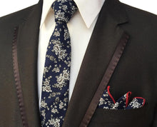 Load image into Gallery viewer, Navy Blue Floral Skinny Tie &amp; Pocket Square Tie + Square JayKirbyTies 