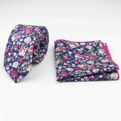 Navy Blue Floral Skinny Tie & Pocket Square Tie + Square JayKirbyTies 