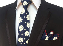 Load image into Gallery viewer, Navy Blue Floral Skinny Tie &amp; Pocket Square Tie + Square JayKirbyTies 