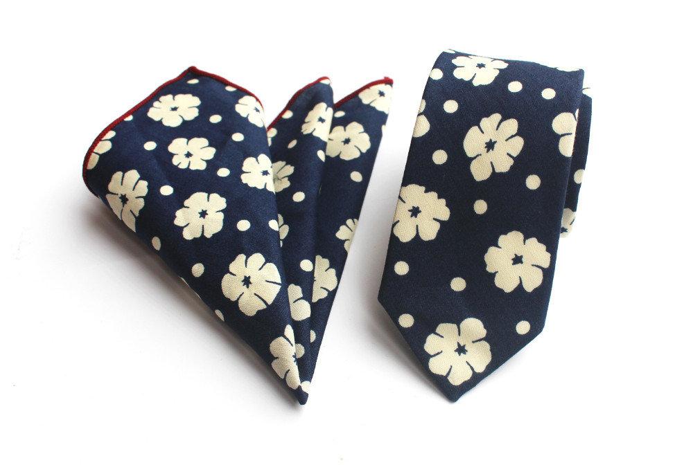 Navy Blue Floral Skinny Tie & Pocket Square Tie + Square JayKirbyTies 