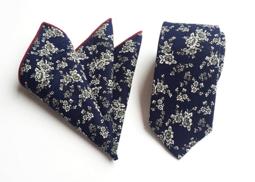 Navy Blue Floral Skinny Tie & Pocket Square Tie + Square JayKirbyTies 