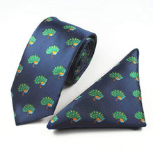 Load image into Gallery viewer, Navy Blue Peacock Pattern Tie &amp; Pocket Square Tie + Square JayKirbyTies 