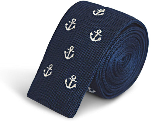 Navy Blue Skinny Anchor Knit Tie Neckties JayKirbyTies 