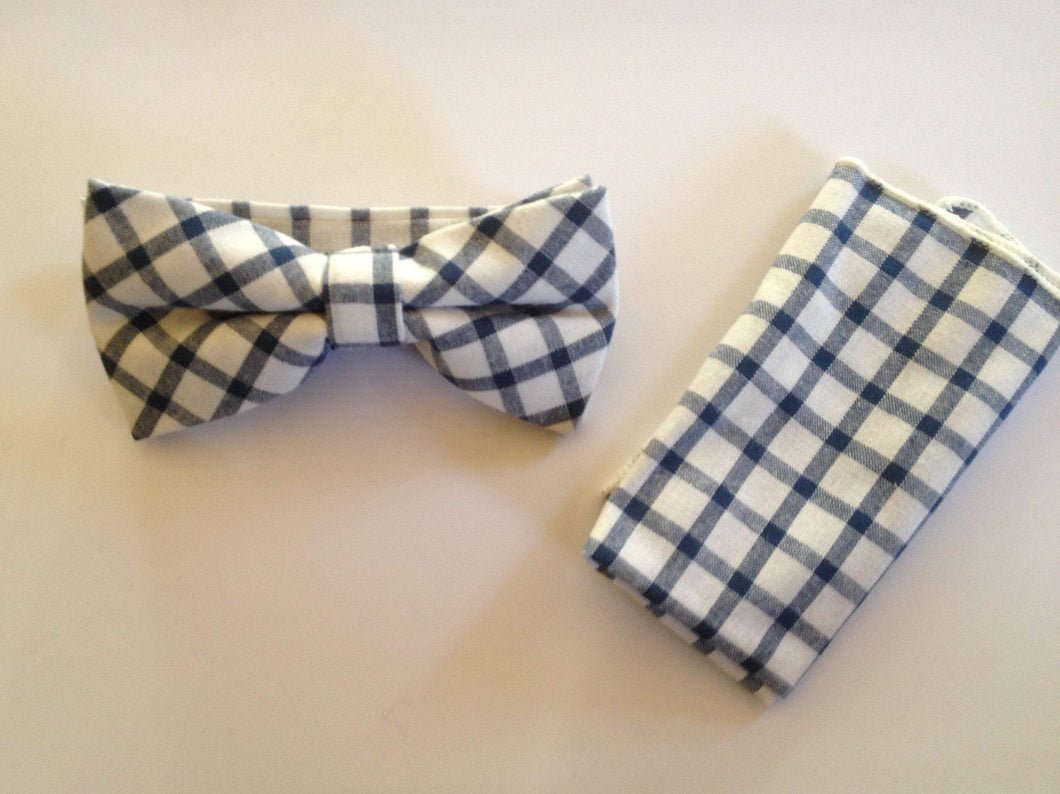 Navy Blue White Plaid Bow Tie & Pocket Square Set Bow Tie + Square JayKirbyTies 