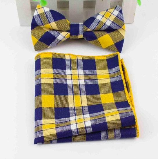 Navy Blue Yellow Plaid Bow Tie & Pocket Square Set Bow Tie + Square JayKirbyTies 