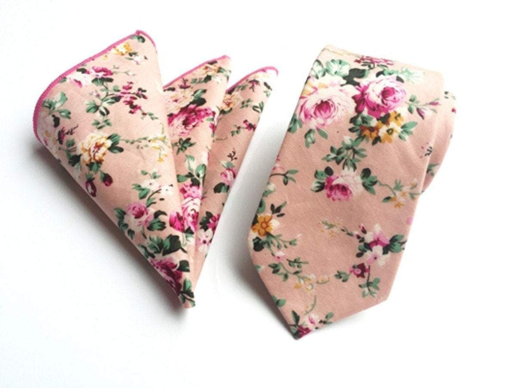 Pink Skinny Floral Tie + Square Tie + Square JayKirbyTies 