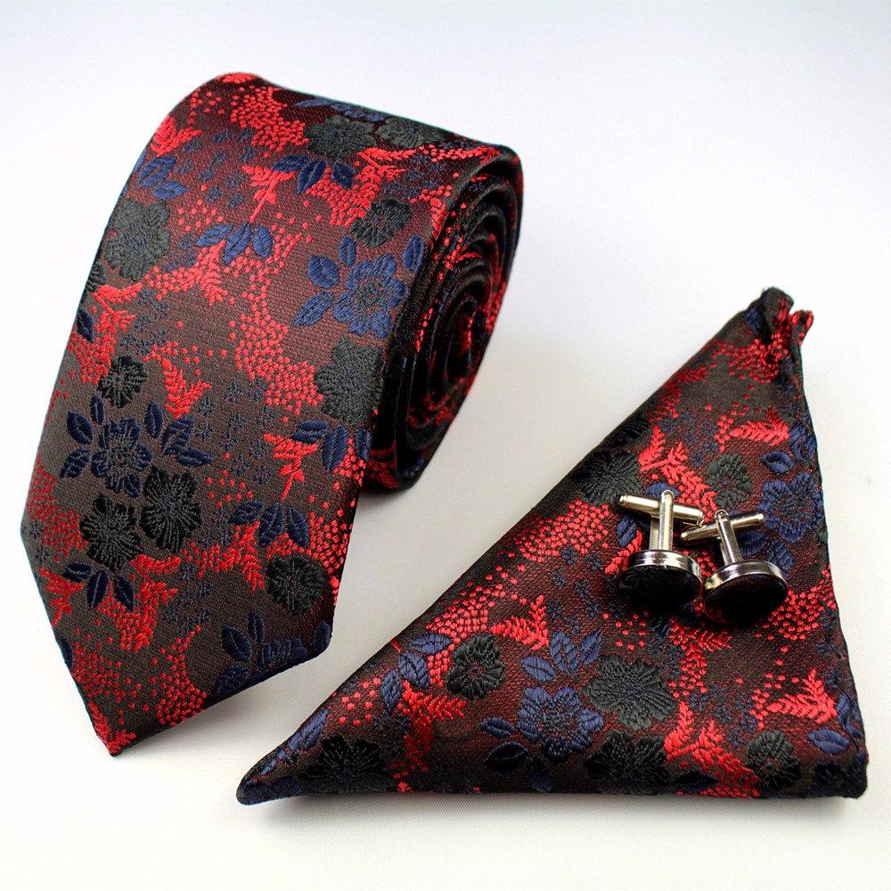 Red Floral Skinny Tie + Pocket Square + Cufflinks Tie + Square JayKirbyTies 
