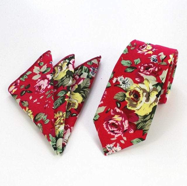 Red Floral Skinny Tie & Pocket Square Tie + Square JayKirbyTies 