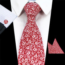 Load image into Gallery viewer, Red Floral Tie, Pocket Square &amp; Cufflinks Tie + Square JayKirbyTies 