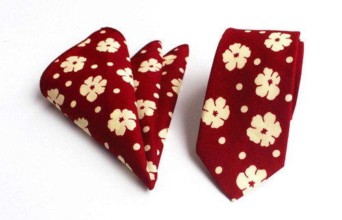 Red Maroon Floral Skinny Tie & Pocket Square Tie + Square JayKirbyTies 