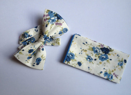 White Blue Floral Bow Tie & Pocket Square Bow Tie + Square JayKirbyTies 
