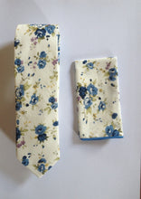 Load image into Gallery viewer, White Blue Floral Skinny Tie &amp; Pocket Square Tie + Square JayKirbyTies 