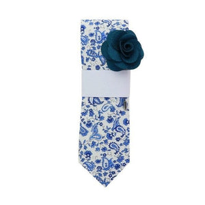 White Blue Paisley Tie & Flower Lapel Tie + Lapel Pin JayKirbyTies 