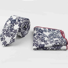 Load image into Gallery viewer, White &amp; Blue Skinny Floral Tie + Square Tie + Square JayKirbyTies 