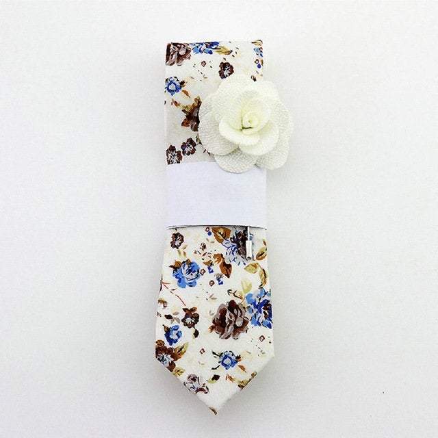White Floral Skinny Tie & Lapel Pin Tie + Lapel Pin JayKirbyTies 