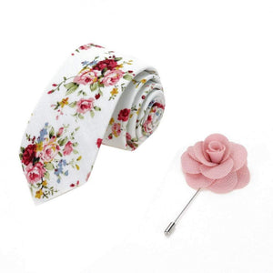 White Floral Skinny Tie & Pink Lapel Pin Tie + Lapel Pin JayKirbyTies 