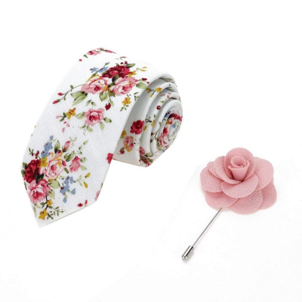 White Floral Skinny Tie & Pink Lapel Pin Tie + Lapel Pin JayKirbyTies 