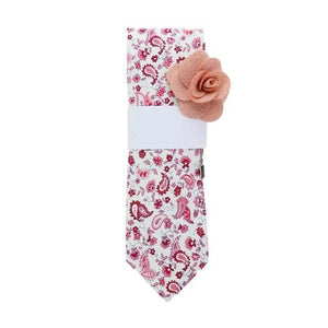 White Pink Paisley Tie & Flower Lapel Tie + Lapel Pin JayKirbyTies 
