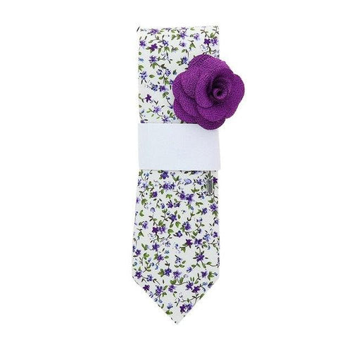 White Purple Floral Tie & Flower Lapel Tie + Lapel Pin JayKirbyTies 