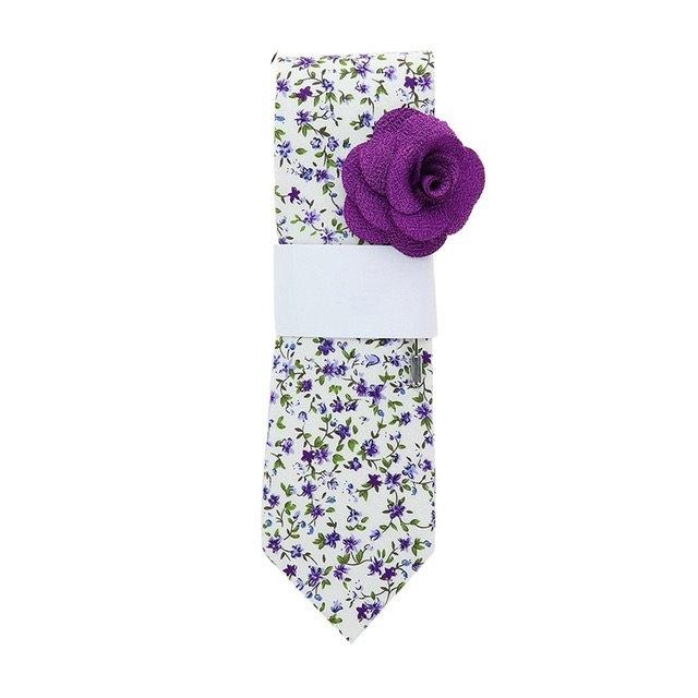 White Purple Floral Tie & Flower Lapel Tie + Lapel Pin JayKirbyTies 