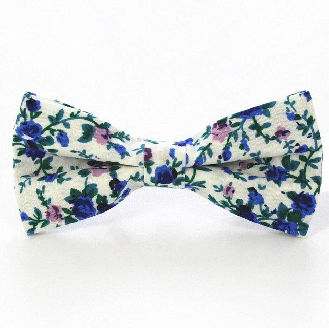 White/Blue Floral Bow Tie Bow Ties JayKirbyTies 