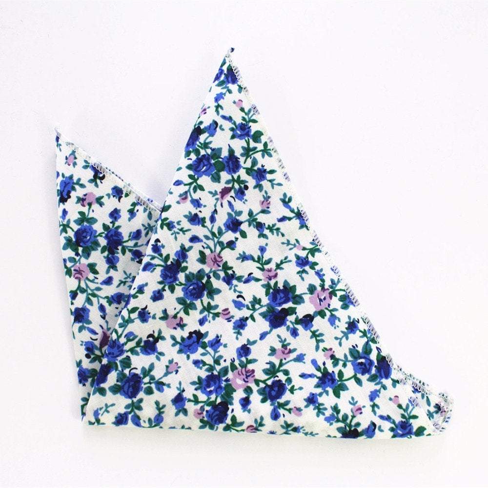 White/Blue Floral Pocket Square Pocket Squares JayKirbyTies 