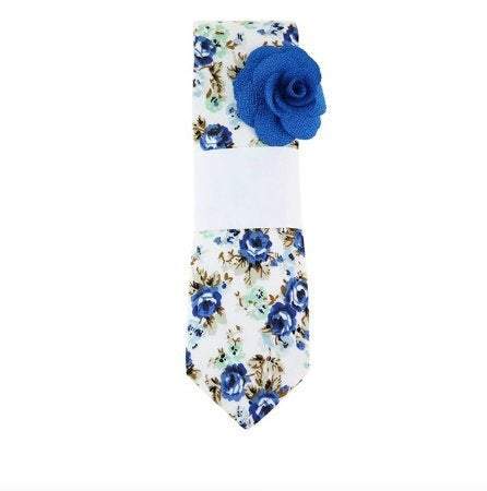 White/Blue Floral Skinny Tie & Lapel Pin Tie + Lapel Pin JayKirbyTies 